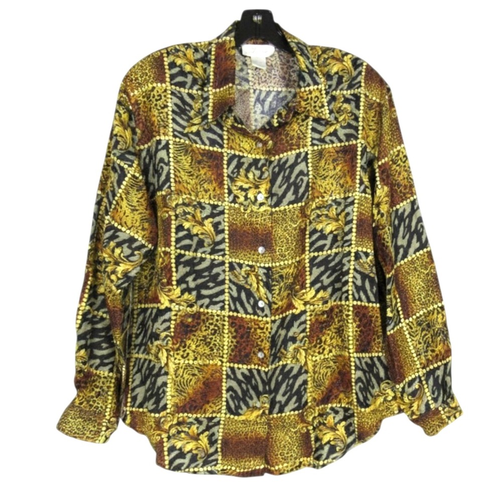 VTG K ARNOLD Brown ANIMAL/FLORAL PATCHWORK Button-Up 100% SILK Blouse Top Sz L